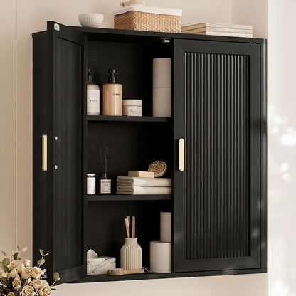 INNOD Bathroom Storage Cabinet, Over The Toilet Storage Cabinet, Medicine Cabinet with Adjustable Wood Shelf & Doors for Laundry Room & Kitchen & Living Room(Black)