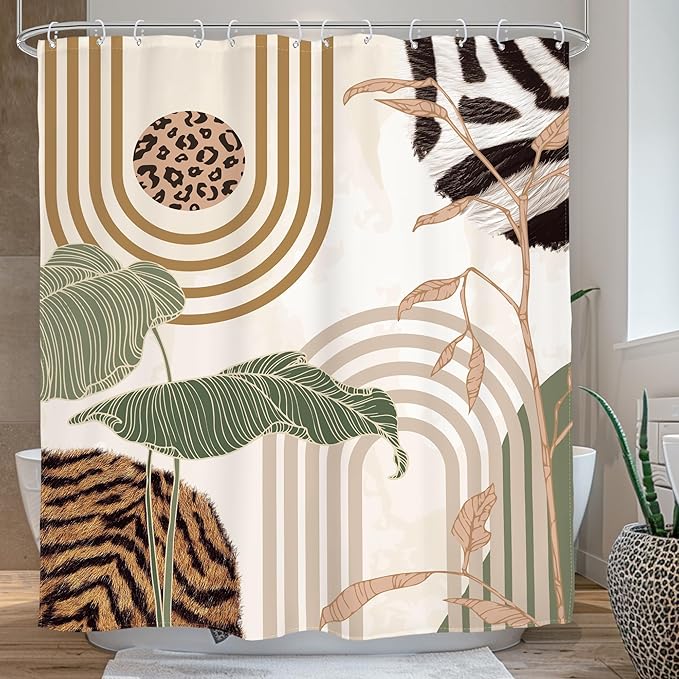 Glawry Green Abstract Shower Curtain Boho Tropical Leaves Palm Leaf Mid Century Minimalist Modern Bathroom Leopard Print Fur 60Wx72L Inches Bath Accessories Art Home Decor Fabric 12 Pack Hook