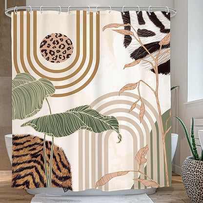 Glawry Green Abstract Shower Curtain Boho Tropical Leaves Palm Leaf Mid Century Minimalist Modern Bathroom Leopard Print Fur 60Wx72L Inches Bath Accessories Art Home Decor Fabric 12 Pack Hook