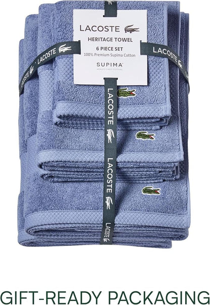 Lacoste Heritage Anti-Microbial Supima Cotton 6-Piece Towel Set, 2 Bath Towels, 2 Hand Towels, 2 Washcloths, Light Denim – Highly Absorbent & Quick Drying, Bathroom Essential, Machine Washable