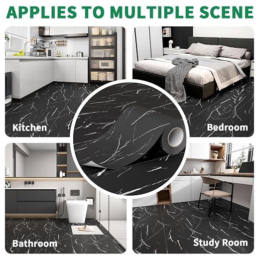 Peel and Stick Floor Tile 11.8” x 118” Vinyl Flooring Roll Cover 9.6 Sq.Ft. Waterproof Scratch-Resistant DIY Self-Adhesive PVC Flooring for Renter, Kitchen, Bathroom, RV, Black Marble
