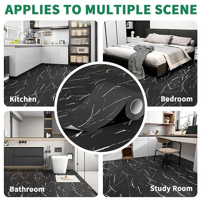 Peel and Stick Floor Tile 11.8” x 118” Vinyl Flooring Roll Cover 9.6 Sq.Ft. Waterproof Scratch-Resistant DIY Self-Adhesive PVC Flooring for Renter, Kitchen, Bathroom, RV, Black Marble