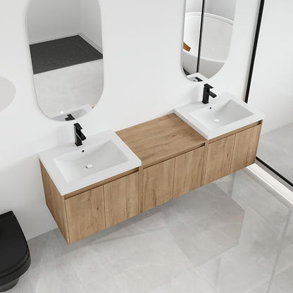 Malwee 72'' Floating Bathroom Vanity with Double Sink, Brown | Wall Mounted Double Sink Combo, Plywood Cabinet, Resin Basin, Ample Storage, Soft-close Hinge, Assembly Required