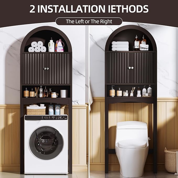 Spurgehom Arch Over The Toilet Storage Cabinet, Bathroom Organizer (Coffee) | Freestanding Bathroom Shelf Equipped with Anti-Tipping Device, Space-Saving Vertical Toiletries Storage Cabinet