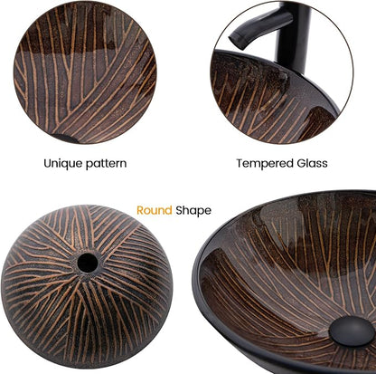 Vessel Sink 16.5" Bathroom Sinks Tempered Glass Brown Art Basin Round Bowl with Faucet Combo, Tree Streak Pattern,Modern Countertop Bowl Sink