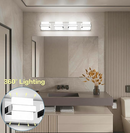 SOLFART Chrome Vanity Light Fixture, Bathroom Light Fixture Over Mirror, 4 Lights Vanity Lighting, Modern LED Bathroom Vanity Lighting, Easy Install Dimmable