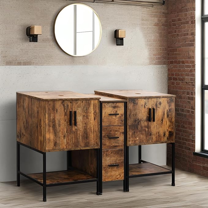 UEV Rustic Brown 60" Double Bathroom Vanity with Sink Combo,Industrial Iron Frame 2 Main Bathroom Vanity with Middle 3 Drawers Cabinet(Without Sink Combo)