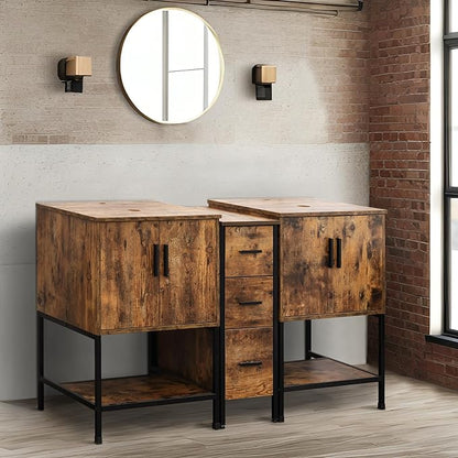 UEV Rustic Brown 60" Double Bathroom Vanity with Sink Combo,Industrial Iron Frame 2 Main Bathroom Vanity with Middle 3 Drawers Cabinet(Without Sink Combo)