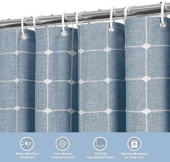 MitoVilla Blue Farmhouse Shower Curtain Set 72 x 78, Boho 78 inch Long Polyester Linen Tassel Fabric Shower Curtain Set for Chic Cottagecore French Rustic Bathroom Decor