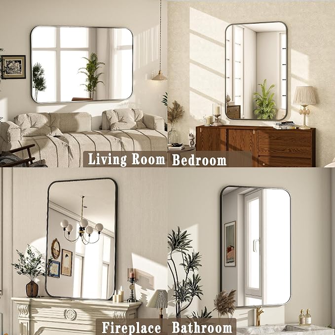 24x36 Inch Black Bathroom Vanity Mirror for Over Sink | Rectangle Wall Mirror for Bathroom with Round Corner, Hangs Horizontally Vertically for Living Room, Bedroom as Home Decor