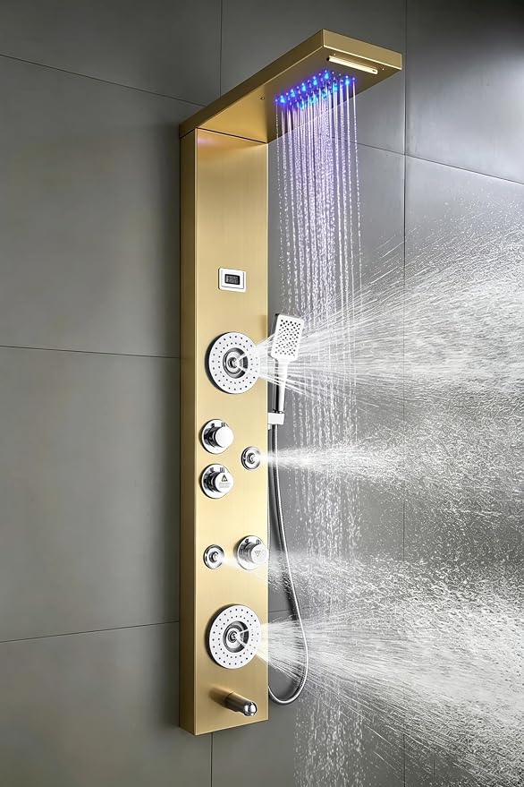 ELLO&ALLO Stainless Steel Shower Panel Tower System,LED Rainfall Waterfall Shower Head 6-Function Faucet Rain Massage System with Body Jets, Brushed Gold