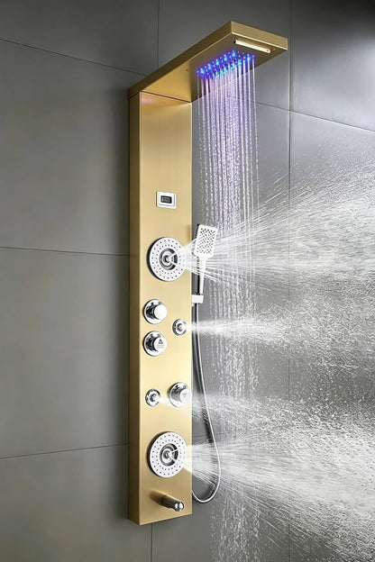 ELLO&ALLO Stainless Steel Shower Panel Tower System,LED Rainfall Waterfall Shower Head 6-Function Faucet Rain Massage System with Body Jets, Brushed Gold