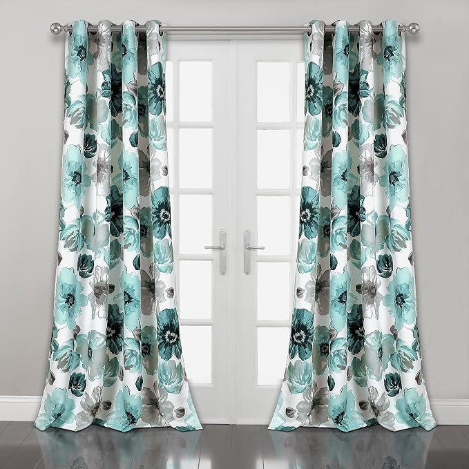 Lush Decor Leah Light Filtering Window Curtain Panels, Pair, 52" W x 95" L, Navy & White - Floral Drapes for Bedroom - Navy Curtains -Farmhouse Decor