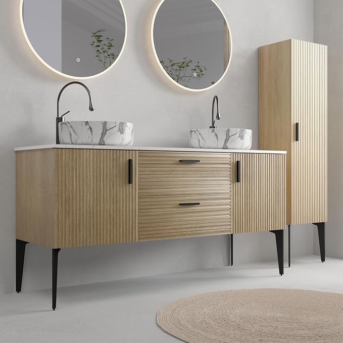 60" Double Bathroom Vanity with Sink Combo, Mid-Century Modern Bath Cabinet with Carrara Marble Finish Sink, 2 Doors & 2 Drawers, Large Storage for Bar, Hotel, Apartment, Natural Oak