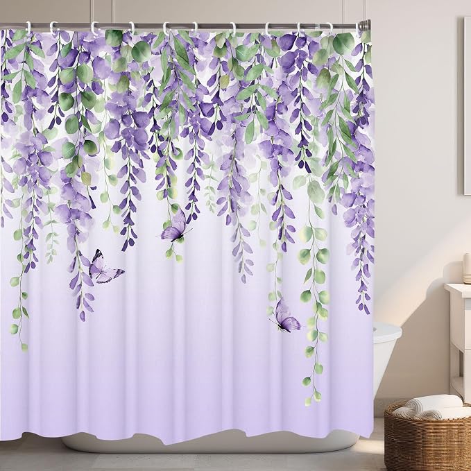 Purple Flower Shower Curtain, Lavender Vines Butterfly Shower Curtains for Bathroom, Farmhouse Bathtub Curtain Set, Lilac Floral Fabric Shower Curtains with 12 Hooks, 72X72 Inches