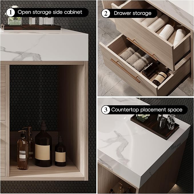 40 inch Modern Floating Bathroom Vanity with Sink, Wall Mounted Bathroom Cabinet with Ceramic Sink, Sintered Stone Countertop, 2 Soft Closing Drawers & Open Storage Shelf, Light Oak