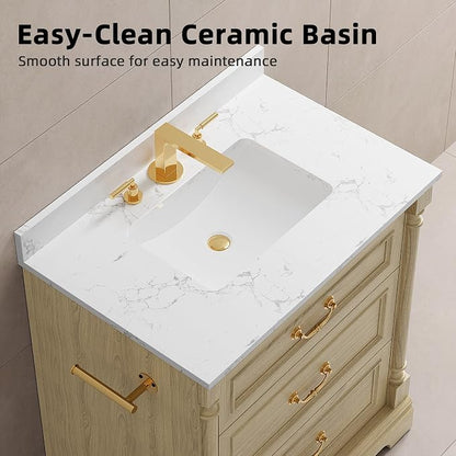 YESHOMY 30" Bathroom Vanity with Sink, Marble-Look Countertop, Natural Wood | Freestanding Storage Cabinet with Ceramic Basin, Tilt-Out Drawer and Additional Drawers for Bathroom