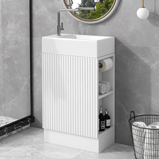 18.6" Bathroom Vanity with Ceramic Sink, Freestanding Cabinets with Open Shelf and Toilet Paper Holder, Left or Right Door Orientation, White