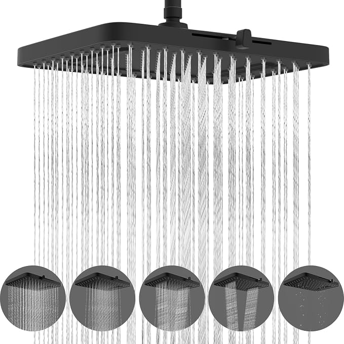 Hibbent cUPC Certified 5 Spray Modes Shower Head, 13'' High Pressure Large Rainfall Shower Head, High Flow Waterfall Bathroom Fixed Showerheads, Adjustable Swivel Ball Joint, Matte Black