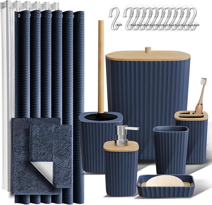 Clara Clark Bathroom Set, Bathroom Sets with Shower Curtain and Rugs | 22 Piece Navy Blue Bathroom Accessories Set with Toothbrush Holder, Soap Dispenser, Soap Dish, Toilet Brush, and Trash Can