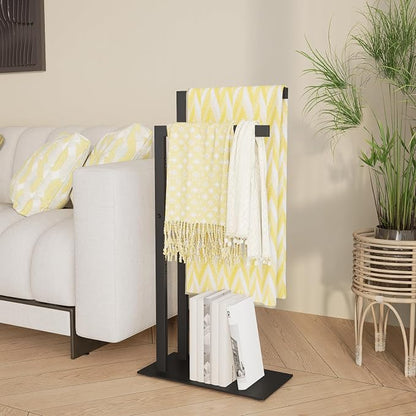 Yawinhe Free Standing Towel Rack,2 Tier Blanket Holder with Shelf,Black | Towel Drying Rack with Marble Base;Tall Towel Drying Rack Outdoor; Metal Towel Stand for Bathrooms;Hand Holder for Bathroom