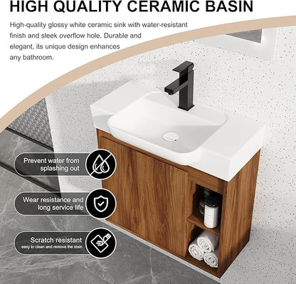 24 Inch Floating Vanity,24" Bathroom Vanity with Sink Combo,Modern Single Sink Bathroom Vanity Combo,Brown Wall Mounted Cabinet Set