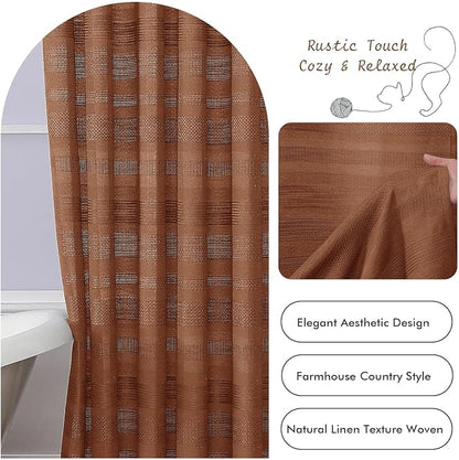 Terracotta Shower Curtain for Bathroom - Farmhouse Linen Textured Shower Curtain with Tassel, Rustic Striped Heavy Duty Vintage Country Bathroom Curtain, 72Wx72L Inches