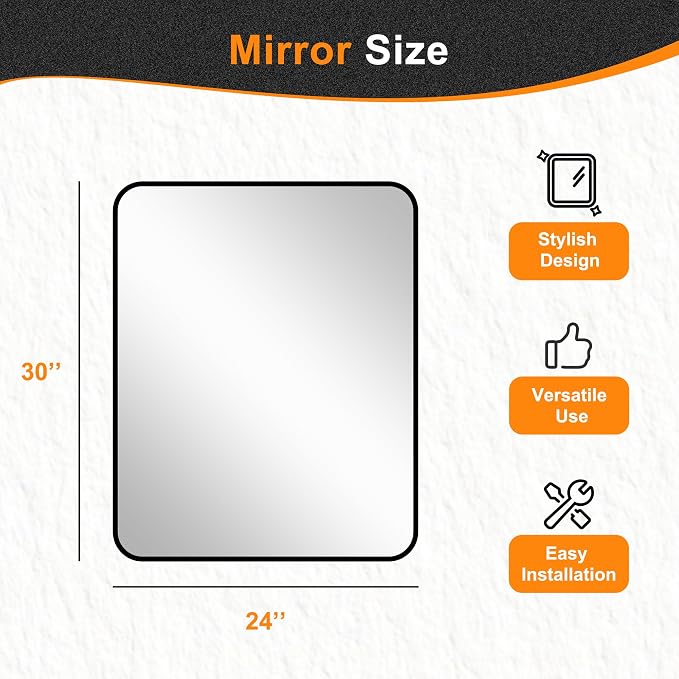 Bathroom Vanity Mirror, Black Framed Mirror for Over Sink, 30x24 | HD glass, distortion-free for makeup and grooming, Sturdy frame, all mounting hardware, hangs horizontal or vertical