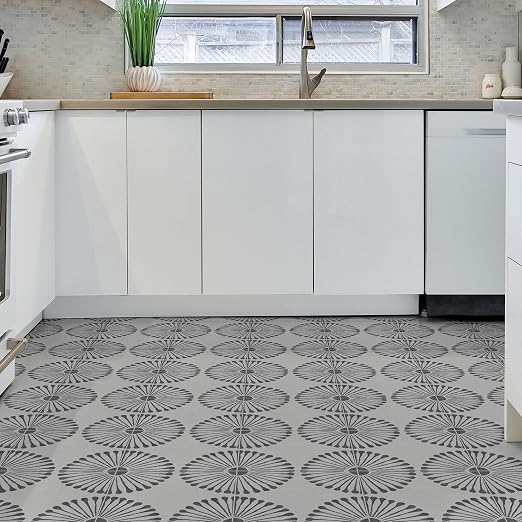 16-Sheet Peel and Stick Floor and Wall Tile, 9" x 9" Gray Stone Composite Self Adhesive Vinyl Flooring, Patterned Flower Groutable Backsplash Tile for Kitchen Bathroom Shower
