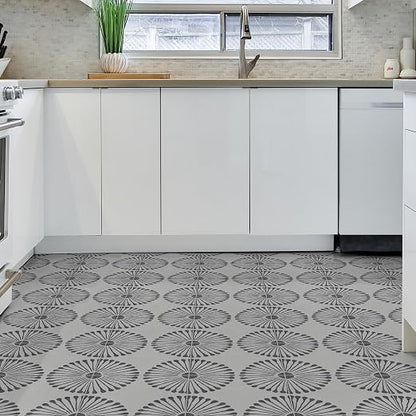 16-Sheet Peel and Stick Floor and Wall Tile, 9" x 9" Gray Stone Composite Self Adhesive Vinyl Flooring, Patterned Flower Groutable Backsplash Tile for Kitchen Bathroom Shower