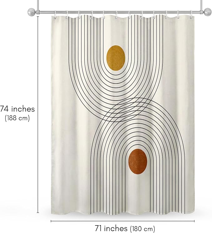 Americanflat 71x74 Boho Shower Curtain - Water-Resistant Long Shower Curtain with Durable Metal Grommets and 12 Hooks - 100% Polyester - Black, Mustard Yellow, Terracotta and Beige