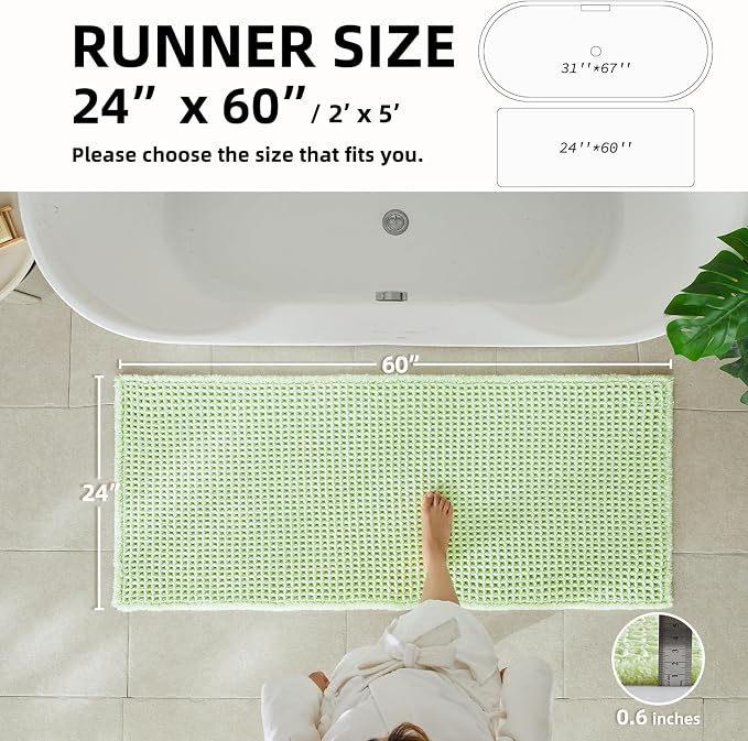 TYUU Waffle Runner Rug Bathroom, Long Boho Bath Mat, 60x24 Pale Green | Super Absorbent Quick Dry Bath Rug, Non-Slip Backing, Soft Waffle Washable Farmhouse Bathroom Mats, Tub, Shower & Home Decor