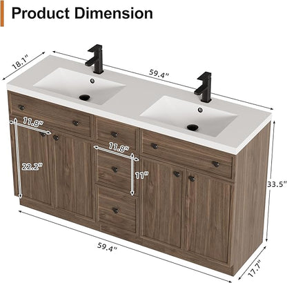 LUCKWIND 60" Bathroom Vanity Sink Combo, Modern Bathroom Cabinet with Double Undermount Solid Surface Vanity Sink, Soft-Close Hinges & Water-Saving Faucet, Taupe