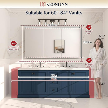 Keonjinn 60 x 32 Inch Large Medicine Cabinet Mirror, Safe Tempered Glass | Assembly Required, Lightweight Aluminum, Adjustable Shelves, Surface Mount or Recessed, Soft Close DTC Hinges, Silver