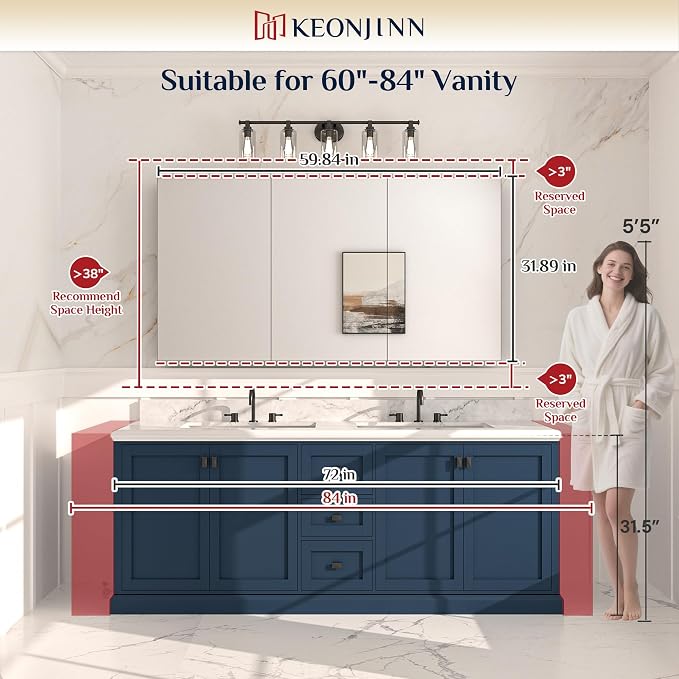 Keonjinn 60" x 32" Black Medicine Cabinet Mirror, Freely Adjustable Shelves | Assembly Needed, Lightweight Aluminum Frame, Surface Mount or Recessed, Soft Close, 3 Doors, Oversized Medicine Cabinet
