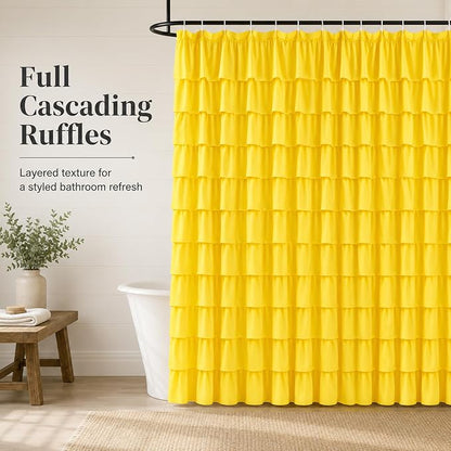 Yellow Shower Curtain for Bathroom, 72 x 84, Soft Ruffled Edge Detailing | Cascading Waterfall Ruffle Design, 72x84 inch, 7ft, 12 Hook Included, Machine Washable, Elegant Understated Farmhouse Style