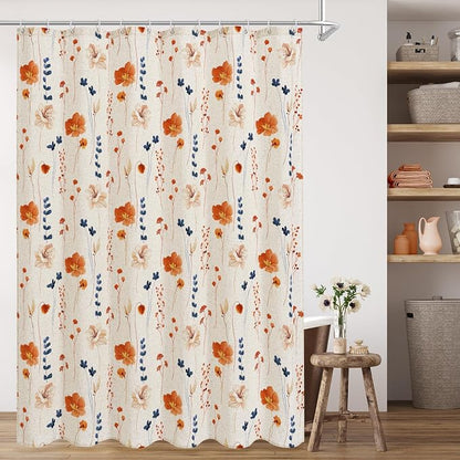 Orange Navy Linen Watercolor Floral Fabric Shower Curtain, 72x72 | Linen Fabric, Modern Minimalist Floral Print, Machine Washable, Rustproof Grommets, for Bathroom Home
