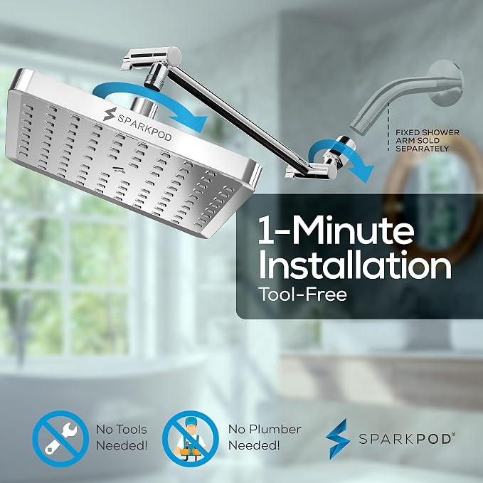 SparkPod 8" Square Rain Shower Head with 11" Shower Arm | Shower Head & Extension Arm Combo, Height Adjustable, High Pressure Performance, Easy 1-Minute Installation, Polished Chrome