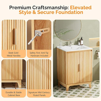 VINGLI 24 Inch Bathroom Vanity with Sink, Mid Century Modern Fluted Vanity Cabinet with Ceramic Basin, Small Free Standing Combo for Powder Room, Soft Close Doors, Natural Oak