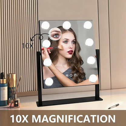 Moonee Black Vanity Mirror with Lights, Hollywood Lighted Makeup Mirror with 9 Dimmable Bulbs and 10X Magnification 360°Rotation, 3 Colors Modes, Light Up Mirror for Tabletop（12" x 14"）