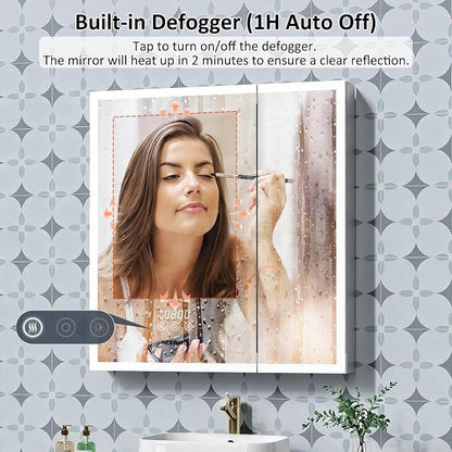 ACEMIRO 30"×32" Lighted Medicine Cabinet Mirror, Recessed Bathroom Mirror Cabinet with Lights, Defogger, Dimmer, Clock, Built-in Outlet & USB Ports, Wall-Mounted LED Bathroom Mirror, Double Door