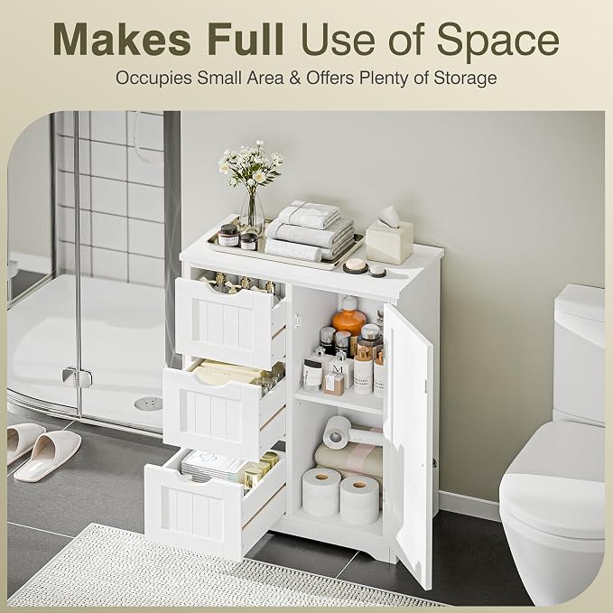 SUPER DEAL Bathroom Storage Cabinet with 3 Drawers and 1 Door, Entryway Home Decor Furniture Towels Storage Organizer Unit, White
