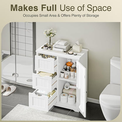SUPER DEAL Bathroom Storage Cabinet with 3 Drawers and 1 Door, Entryway Home Decor Furniture Towels Storage Organizer Unit, White