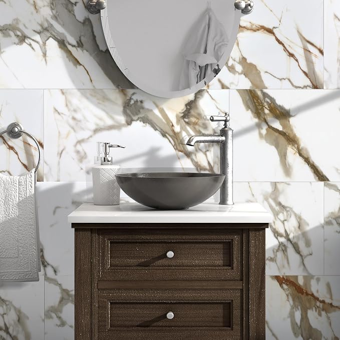 10-Sheet Subway Peel and Stick Backsplash, 12" x 24" Glossy Calacatta Gold Acrylic Self Adhesive Waterproof Wall Stickers, Stick on Tiles for Kitchen Bathroom Shower