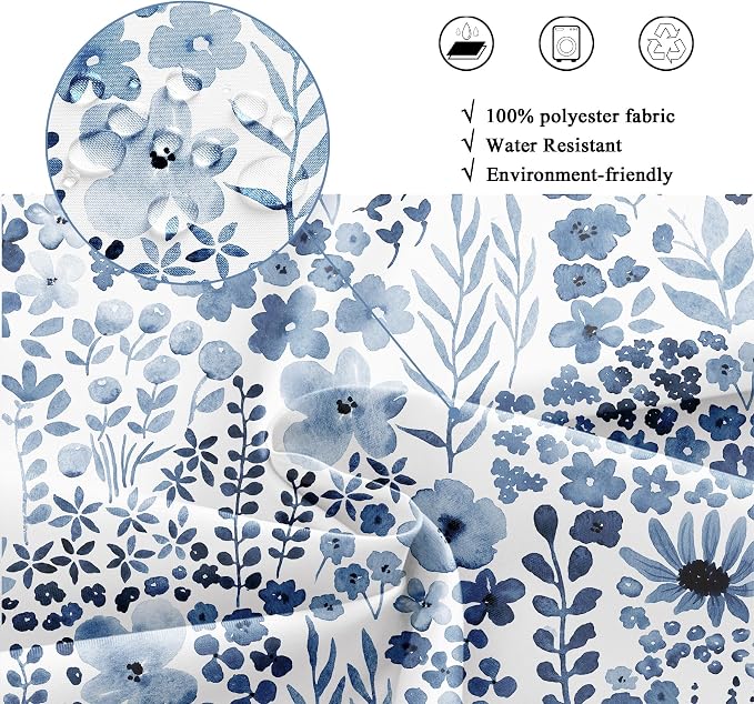 Navy Blue Floral Wildflower Watercolor Flower Bathroom Shower Curtain Set | 72"W x 72"H Leaves Botanical; waterproof HD print, quick-dry fabric with 12 hooks for easy hanging.