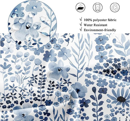 Navy Blue Floral Wildflower Watercolor Flower Bathroom Shower Curtain Set | 72"W x 72"H Leaves Botanical; waterproof HD print, quick-dry fabric with 12 hooks for easy hanging.