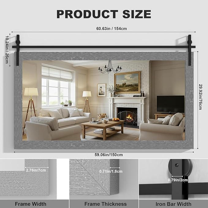 Hasipu Farmhouse Bathroom Mirror, 60"x30" Rustic Wood Framed Wall Mounted Mirror, Gray Vintage Vanity Mirror Barn Door Style Decrative Mirrors