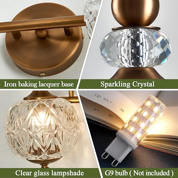 Vintage Bathroom Light Fixtures Gold Vanity Light with Glass Globe LampShade 2 Lights Mid Century G9 Bulb Wall Sconce Indoor Vanity Light Over Mirror for Bedroom Farmhouse Hallway