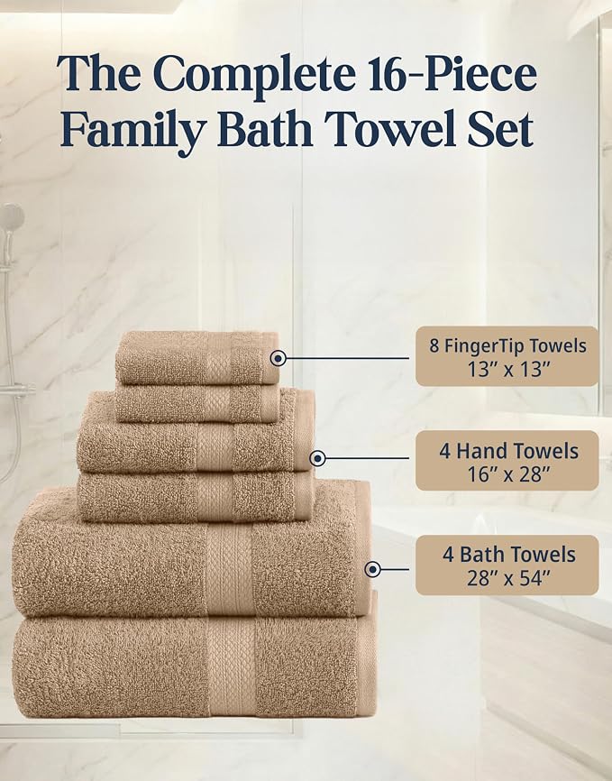 LANE LINEN Towel Set Quick Dry 100% Cotton 16 Piece Soft Absorbent - Taupe | Towels And Washcloths - Ring-Spun Durability, Terry Weave Comfort, Soft & Long-Lasting, Easy-Care