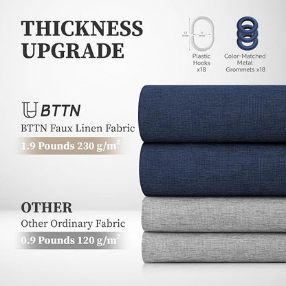 108x72 Linen Textured Waterproof Cloth Shower Curtain Set, Navy Blue | Extra Wide Size, 230GSM Polyester, Heavy Duty Fabric, Weighted Hem, 18 Plastic Hooks, Modern Hotel Style, Machine Washable